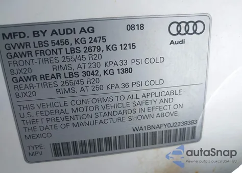 2018 Audi Q5 2.0T Premium/2.0T Tech Premium из США, поврежденный, VIN WA1BNAFY0J2239383